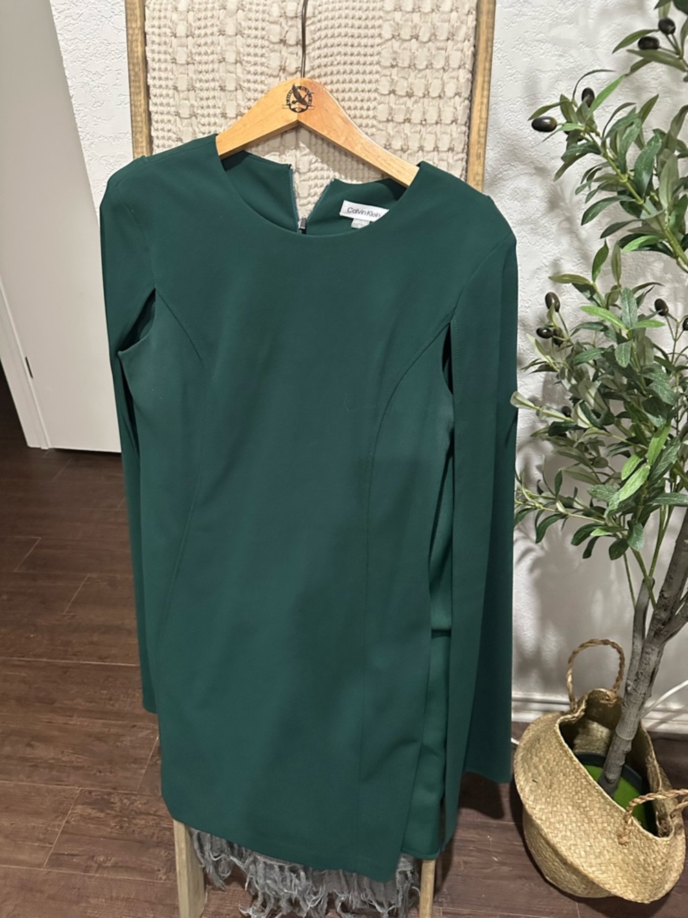 Calvin Klein Dark Green Long Sleeve Shift Cape Dress